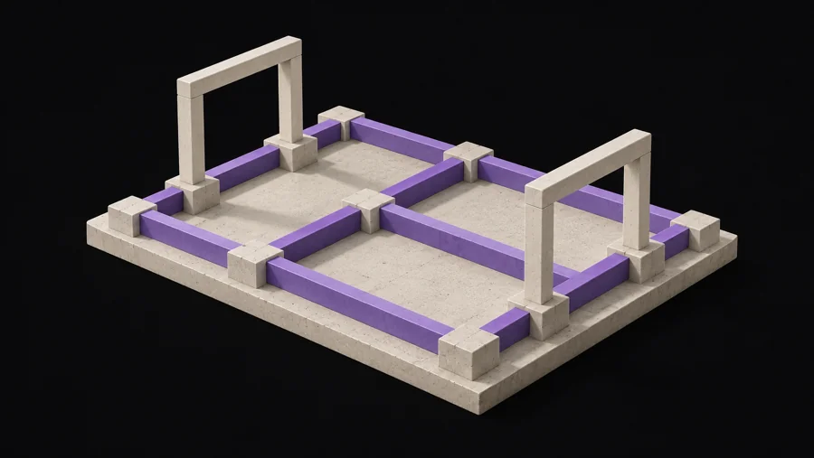 Architectural foundation model with violet foundation beams.