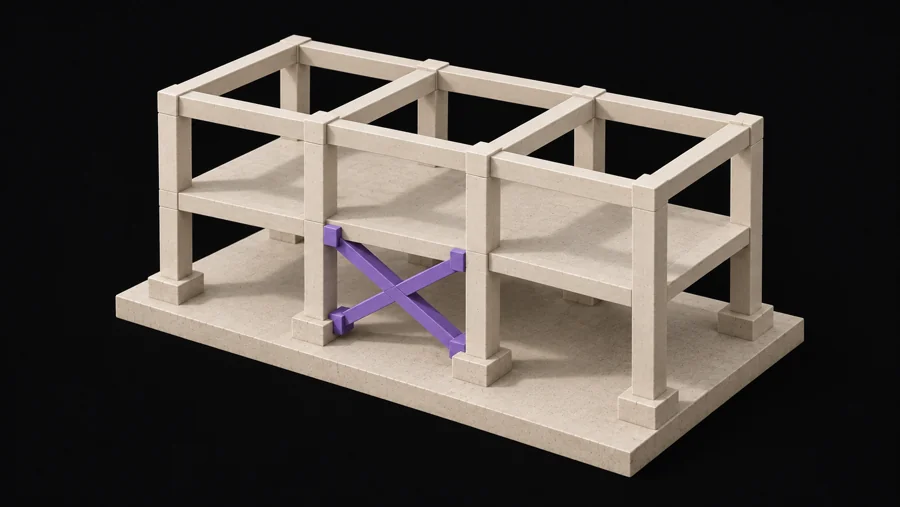 Existing structural frame reinforced by a violet brace.